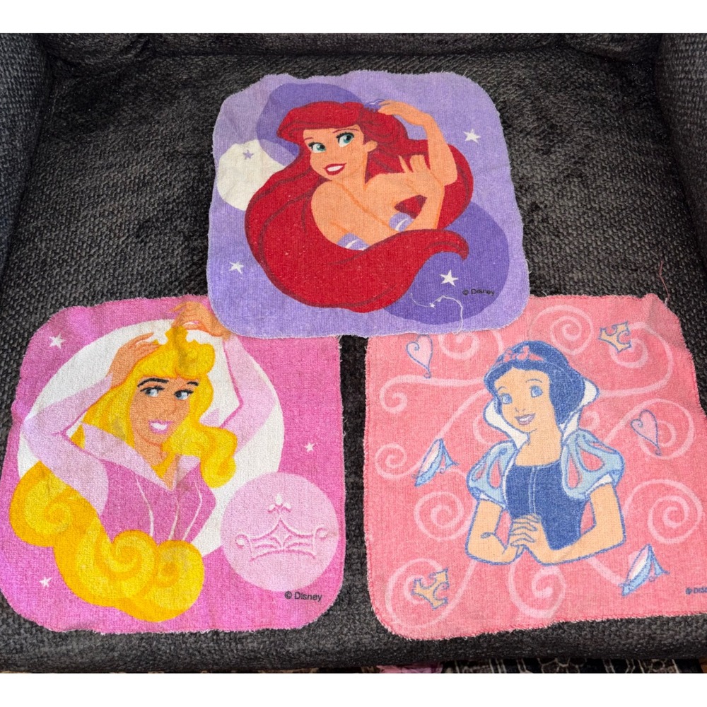 Vintage Disney Princess Washcloth Set Ariel Aurora Snow White 3pc Frayed Edge
